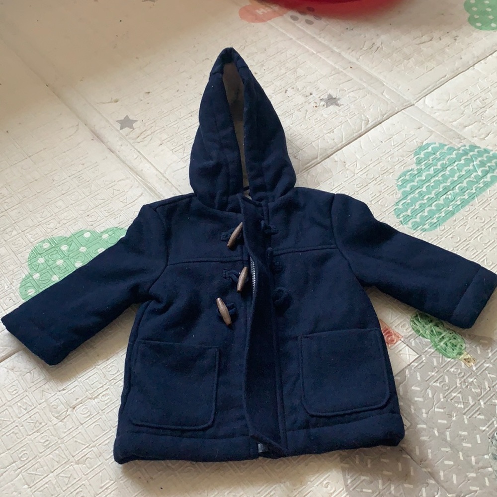 Navy Blue Pea Coat with Brown Toggles.